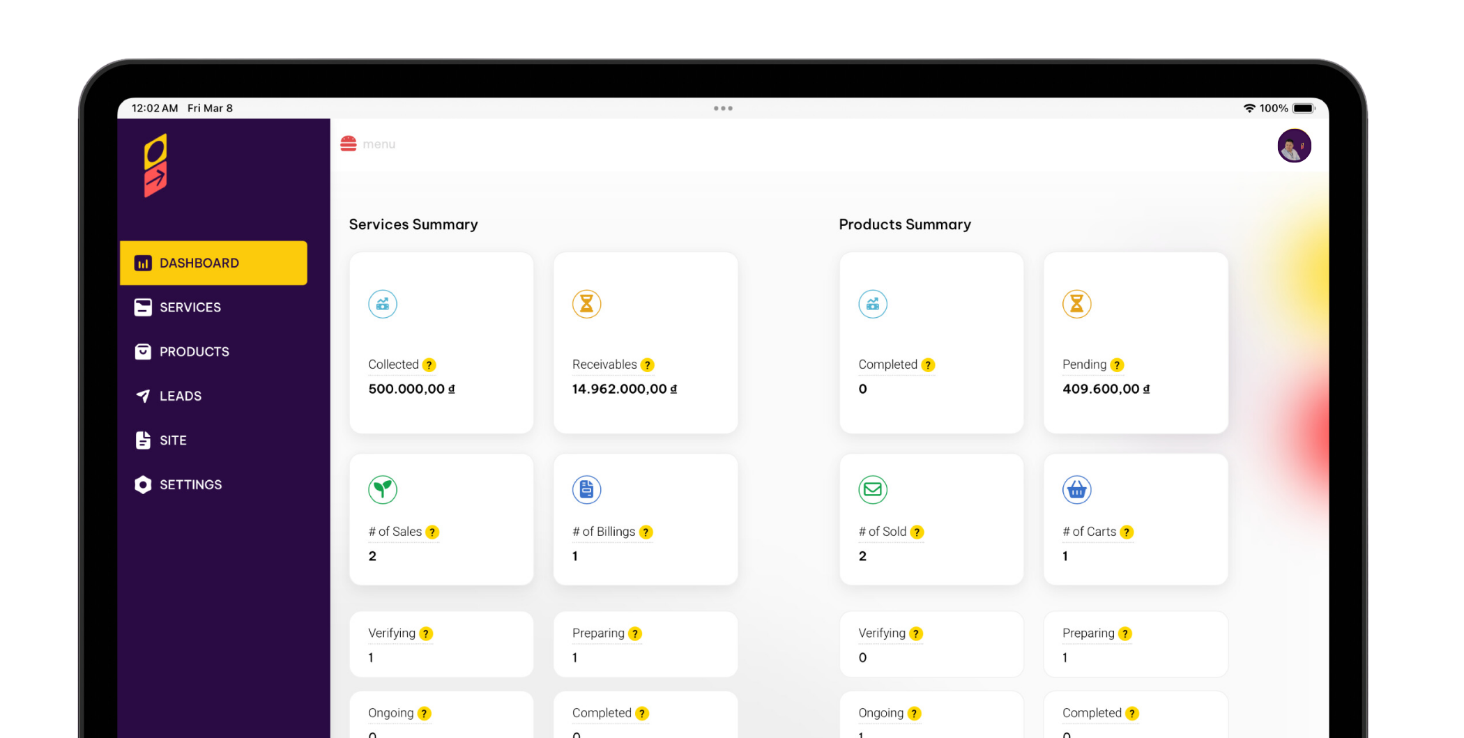 dashboard to monitor orders and sales